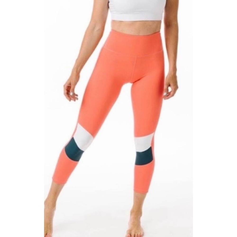 Zyia Leggings Active Womens High Waisted Colorblock  Coral Orange White Navy S 4
